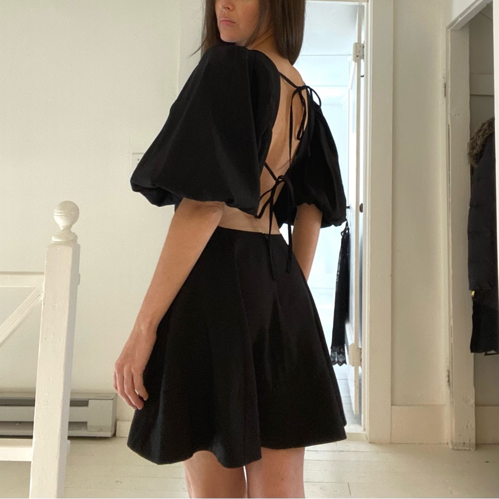 NWT Black Open-Back Mini Dress with Puff Sleeves